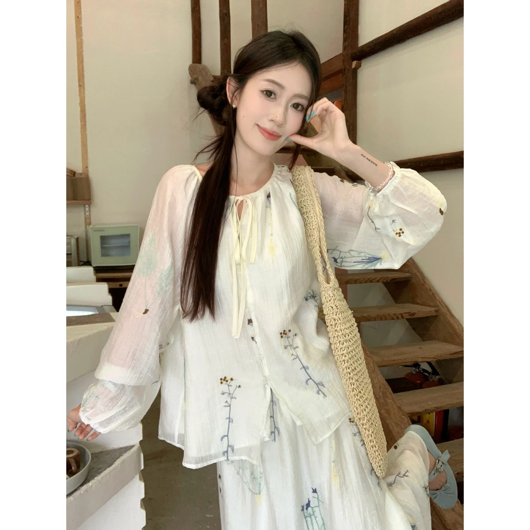 国风复古立体绣花套装女春季2025新款长袖衬衫高腰半身裙两件套潮