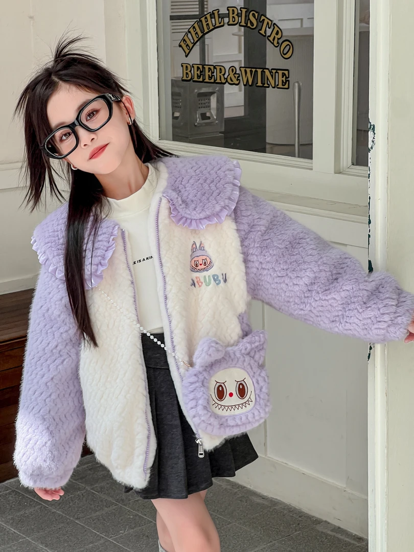 女童加绒外套冬季新款洋气保暖中长款毛毛衣外套可爱卡通兔子