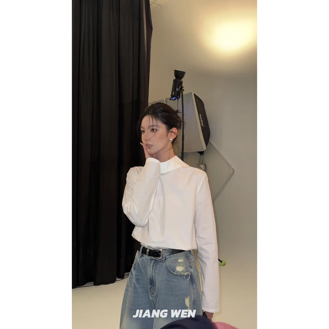 UKILAU【翻边】两面穿气质简约POLO领宽松廓形棉感长袖衬衫