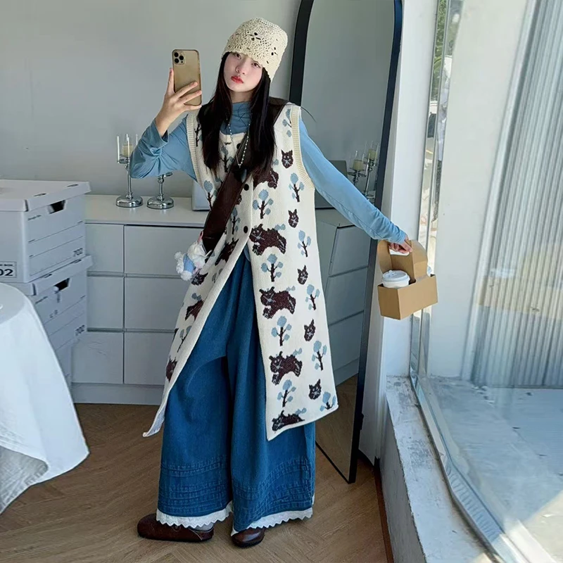 女童氛围感叠穿针织马甲打底衫牛仔阔腿裤三件套装2025秋季潮