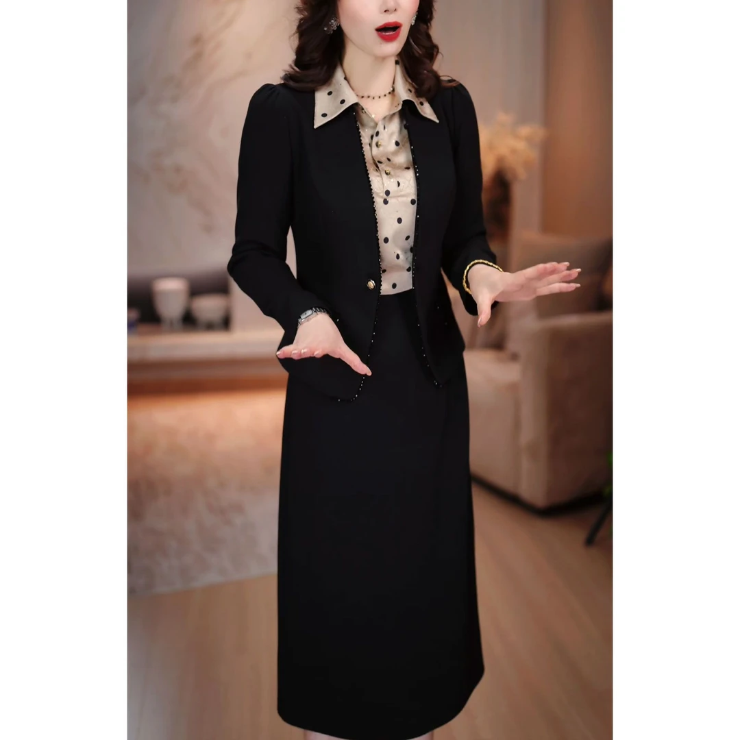 时尚洋气设计感波点衬衫连衣裙潮2025秋季新款搭配西装外套两件套