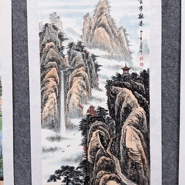 国画云亭观瀑山水绘画作品