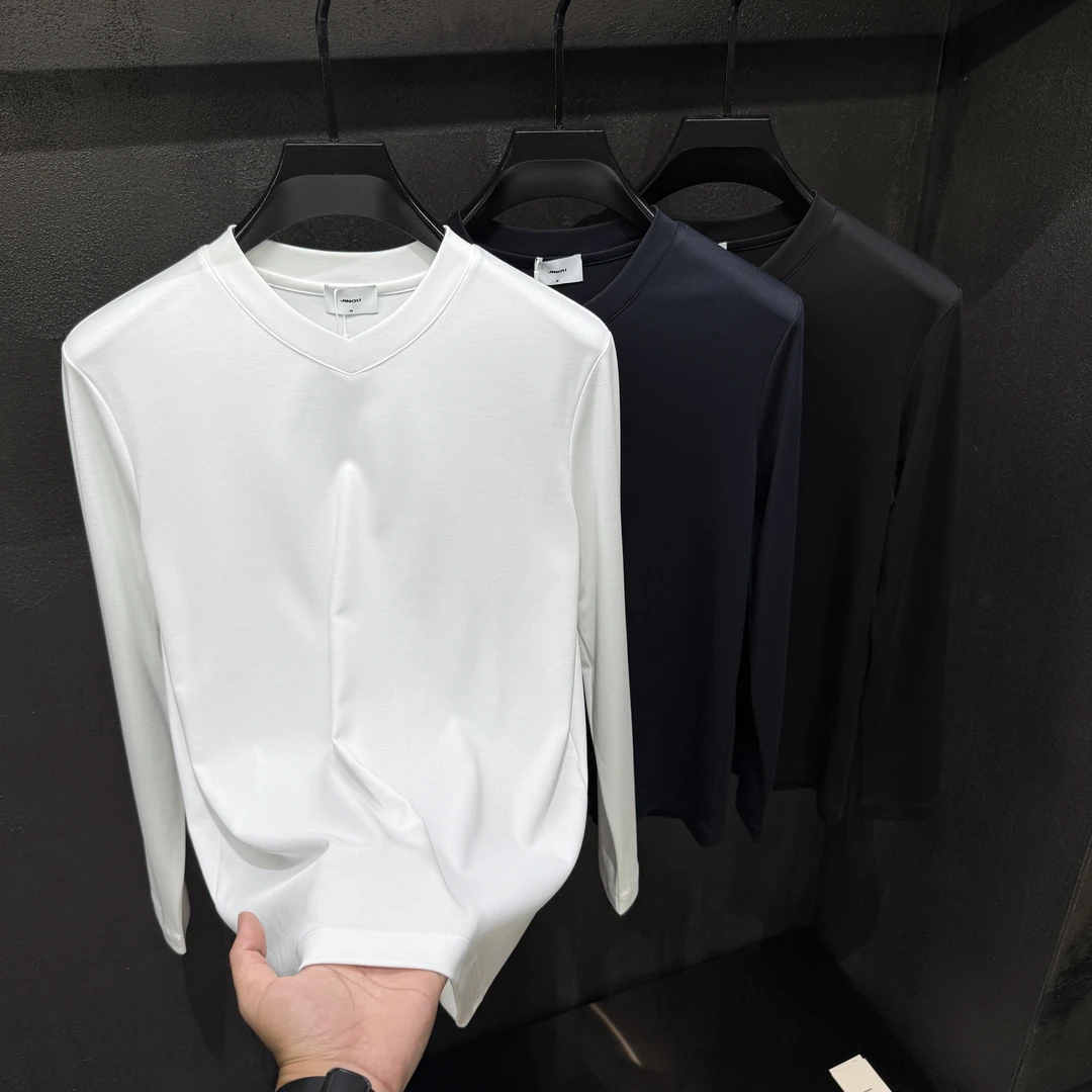 【秋冬V领长袖】轻奢柔感高端纯色休闲时尚男士长袖V领T恤打底衫