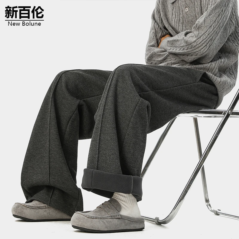 新百伦/NEW BOLUNE美式复古休闲裤男款秋冬季直筒加绒宽松阔腿裤