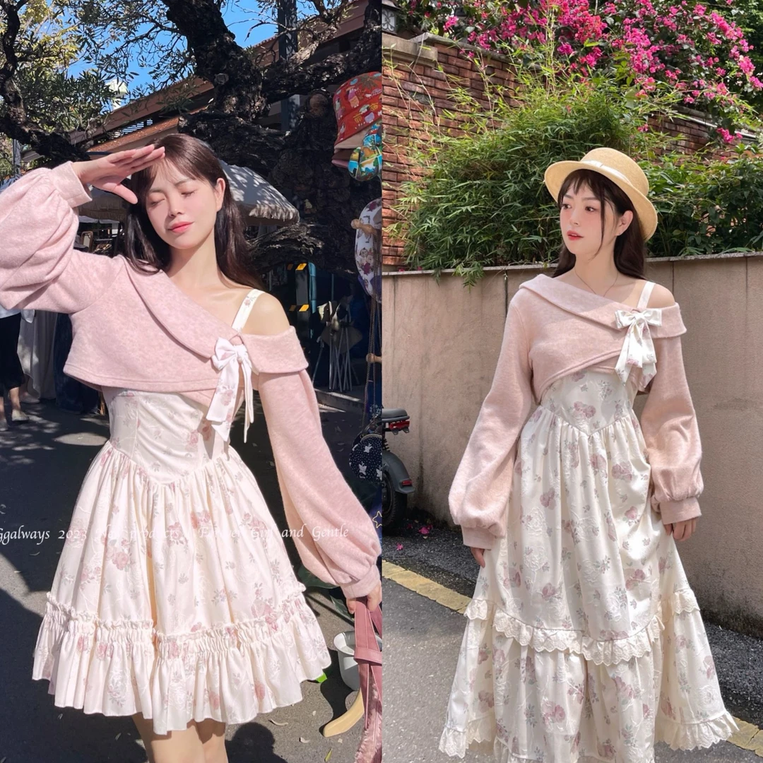 【现货】雾漫蔷薇碎花秋款吊带裙公主裙连衣裙针织斜肩卫衣两件套