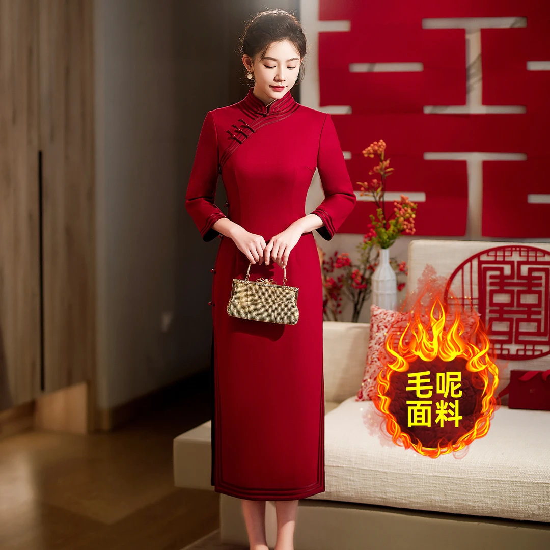 婚礼妈妈礼服高贵年轻秋冬季旗袍裙子喜婆婆婚宴装晚礼服毛呢喜服