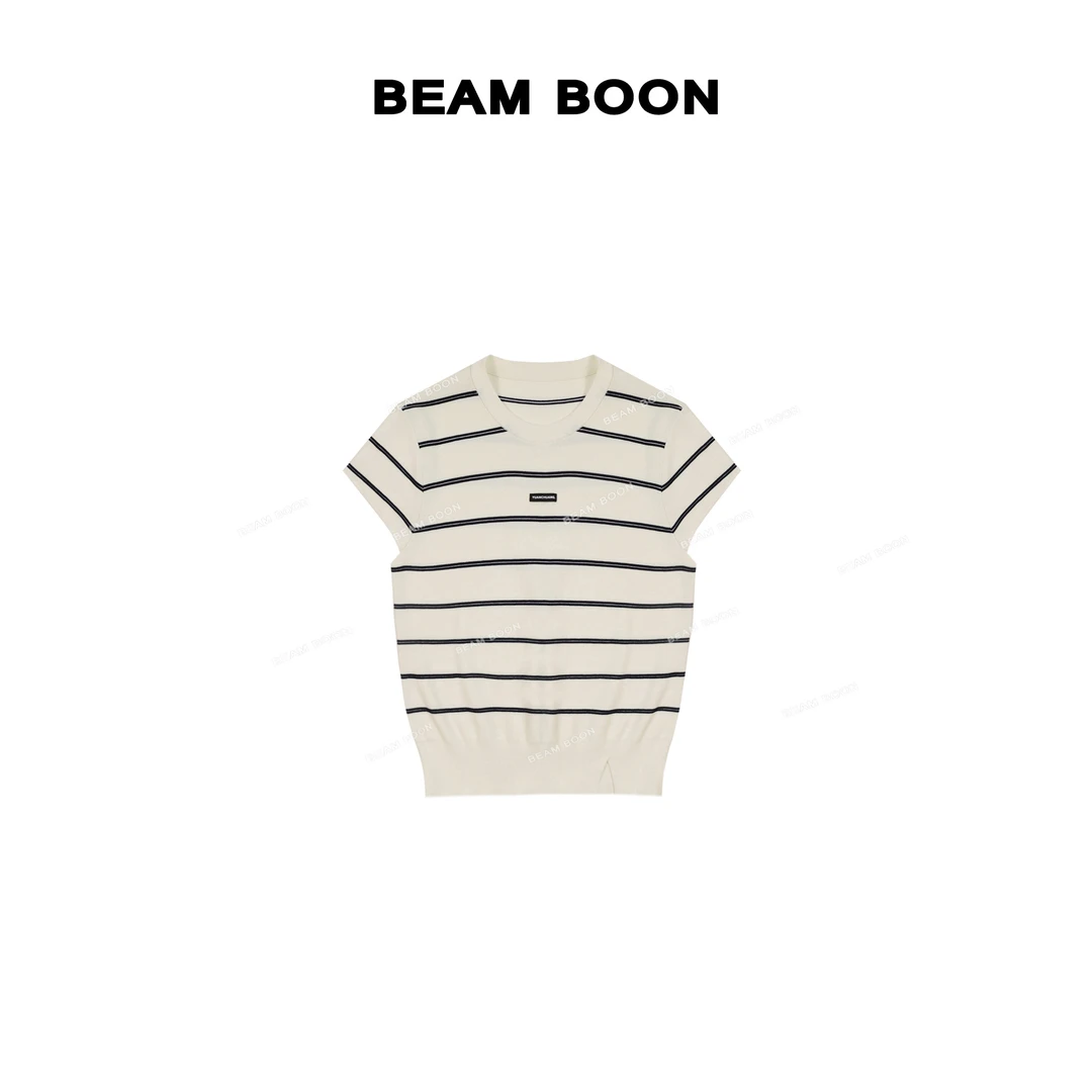 Beam Boon【深海回音】dazz*le超细纱条纹撞色开衩飞袖显瘦针织上衣