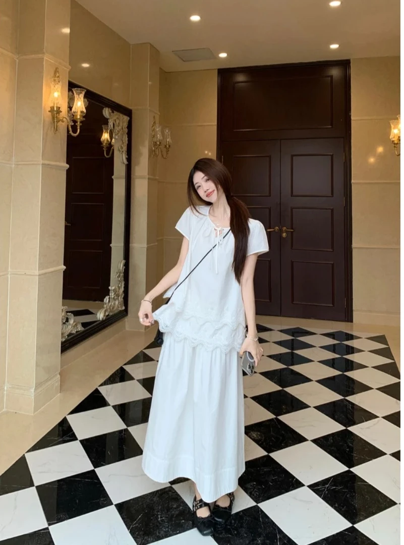 大码甜妹短袖宽松白色衬衫女装春夏高腰显瘦半身裙两件套女