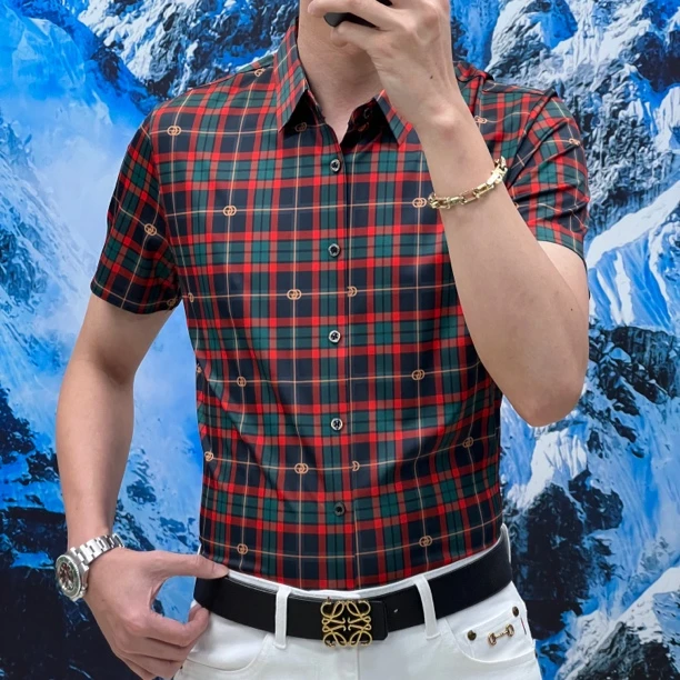 男士时尚拼色薄款修身短袖衬衫休闲百搭翻领衬衣