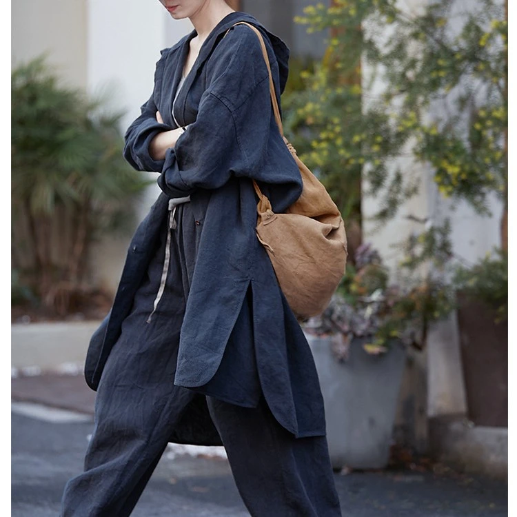 秋季新款复古碧纹染连帽开襟中长款男友风衣大衬衫