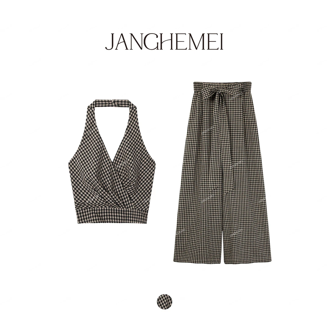 JANGHEMEI【生巧格纹】格纹吊带背心+休闲裤时尚套装 S34138M52