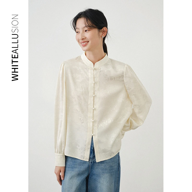 年终大促【1632】新中式盘扣提花衬衫气质显瘦立领国风长袖上衣
