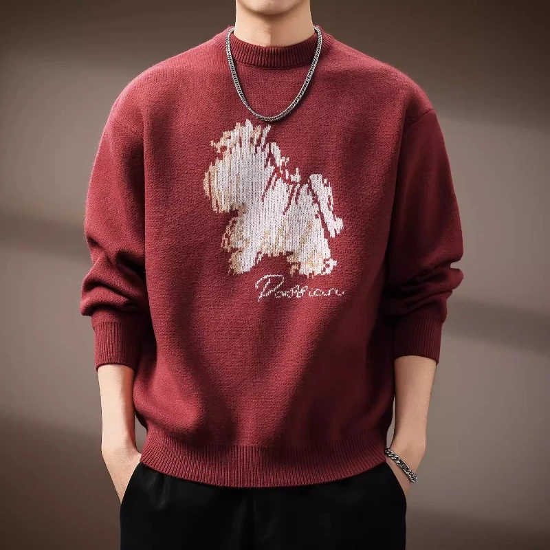 高端抽象印花700g重磅毛衣男秋季复古日系慵懒风宽松套头针织线衣