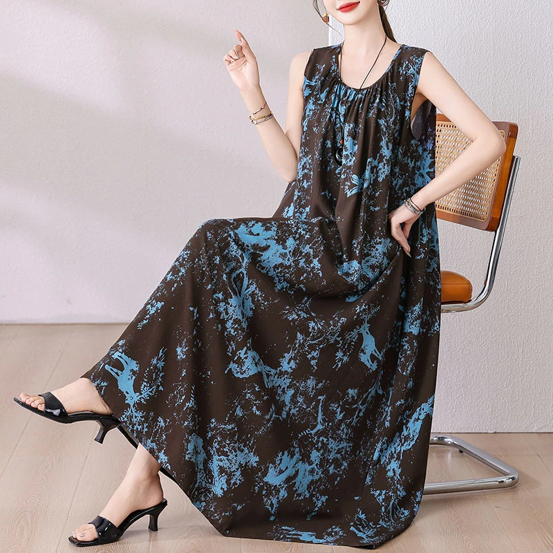 夏季清凉优雅吊带棉绸连衣裙夏季无袖人造棉长裙宽松气质高端裙子
