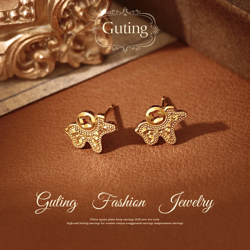 铜合金耳饰 23231金色碎碎冰小马钱币耳钉高级感耳饰品耳环