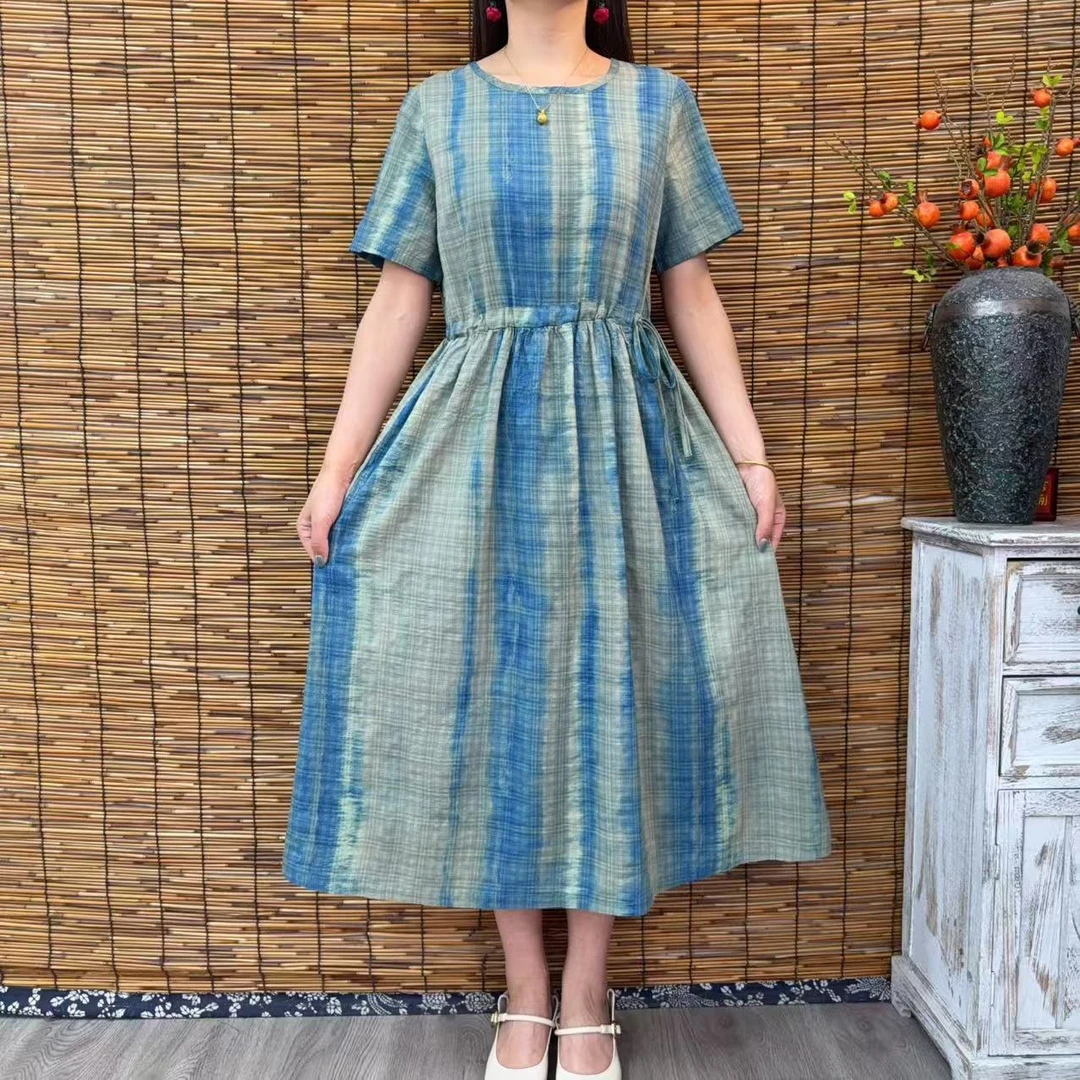 8858夏季连衣裙夏季高腰印花棉麻长裙时尚格子裙子宽松