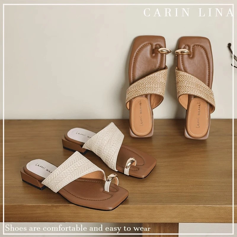 KROCHE&CHEN老钱草编度假风金属扣平底方头套趾拖鞋夏季时尚外穿