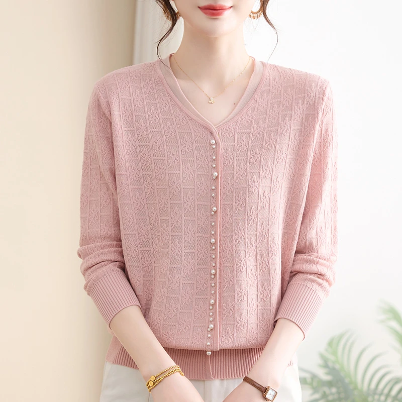妈妈装新款V领纯色提花针织衫上衣秋季中老年女装洋气长袖打底衫