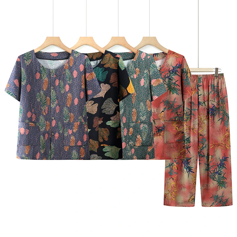 夏老年薄款九分裤短袖圆领两件套老奶奶装装套装老奶奶女装短袖T