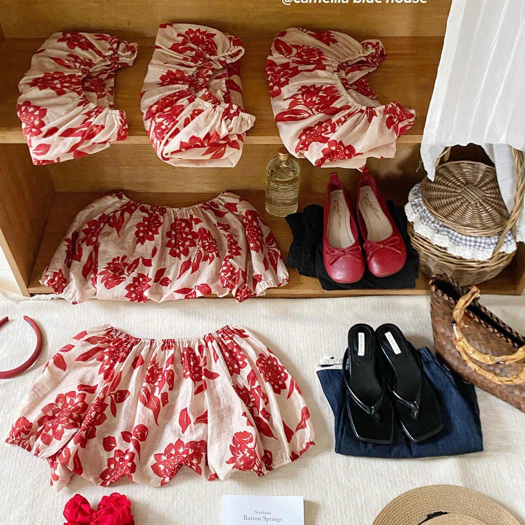 韩感温柔可一字肩印花娃娃衬衫女夏轻奢度假风宽松露肩小衫