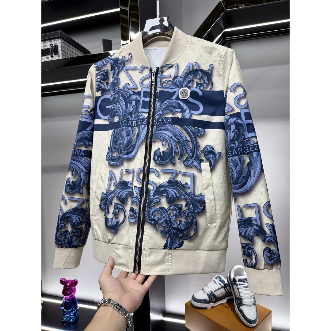 欧洲站潮牌2025夏秋新款男士夹克时尚休闲修身外套青年上衣男印花