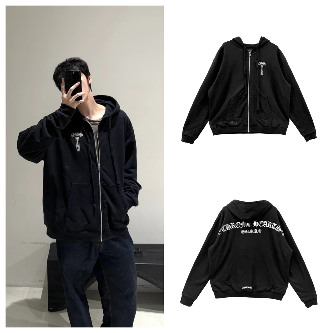 Chrome Hearts/克罗心华夫格内衬后背符文拉链帽衫 外套 黑色