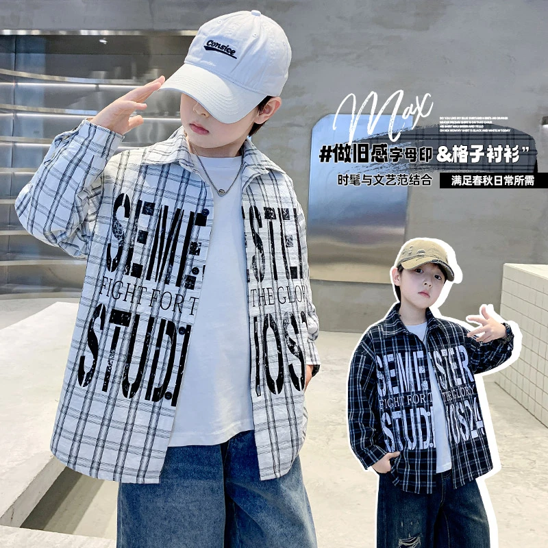 长袖上衣衬衫牛仔男休闲衬衫领秋装洋气格子春装春秋时髦文艺范