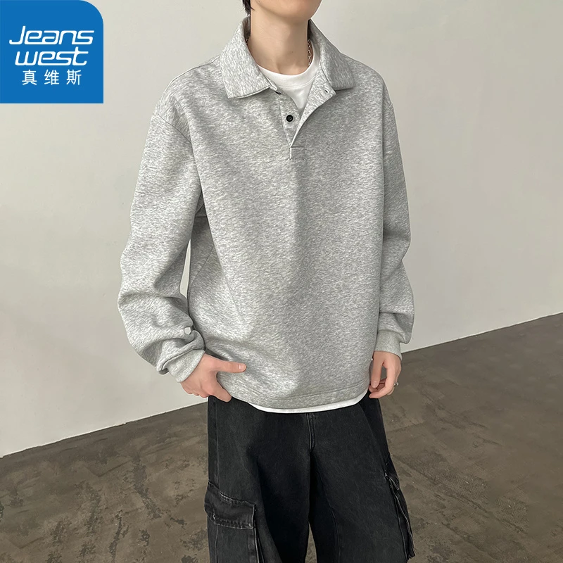 真维斯美式复古藏青色卫衣男款秋季假两件痞帅polo衫翻领正肩外套