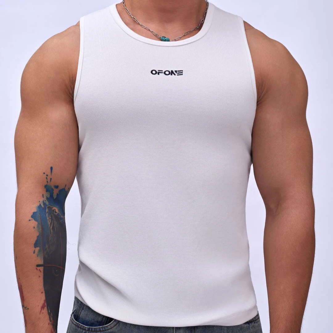 OFONE背心 优可丝螺纹棉 美式刺绣字母 健身运动男士背心打底衫