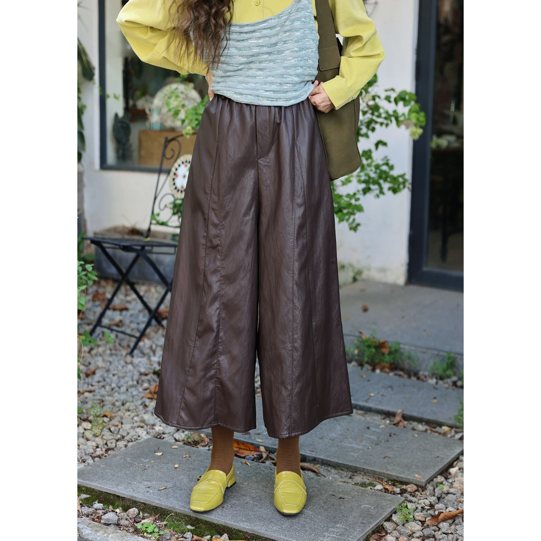 陈大器【夜航西飞​】港风复古八分阔腿高腰显瘦休闲皮裤JB3328269