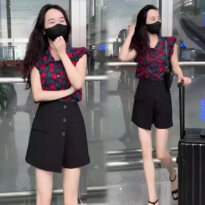 时尚套装女2025夏季今年流行洋气碎花雪纺衬衫高腰裤裙气质两件套