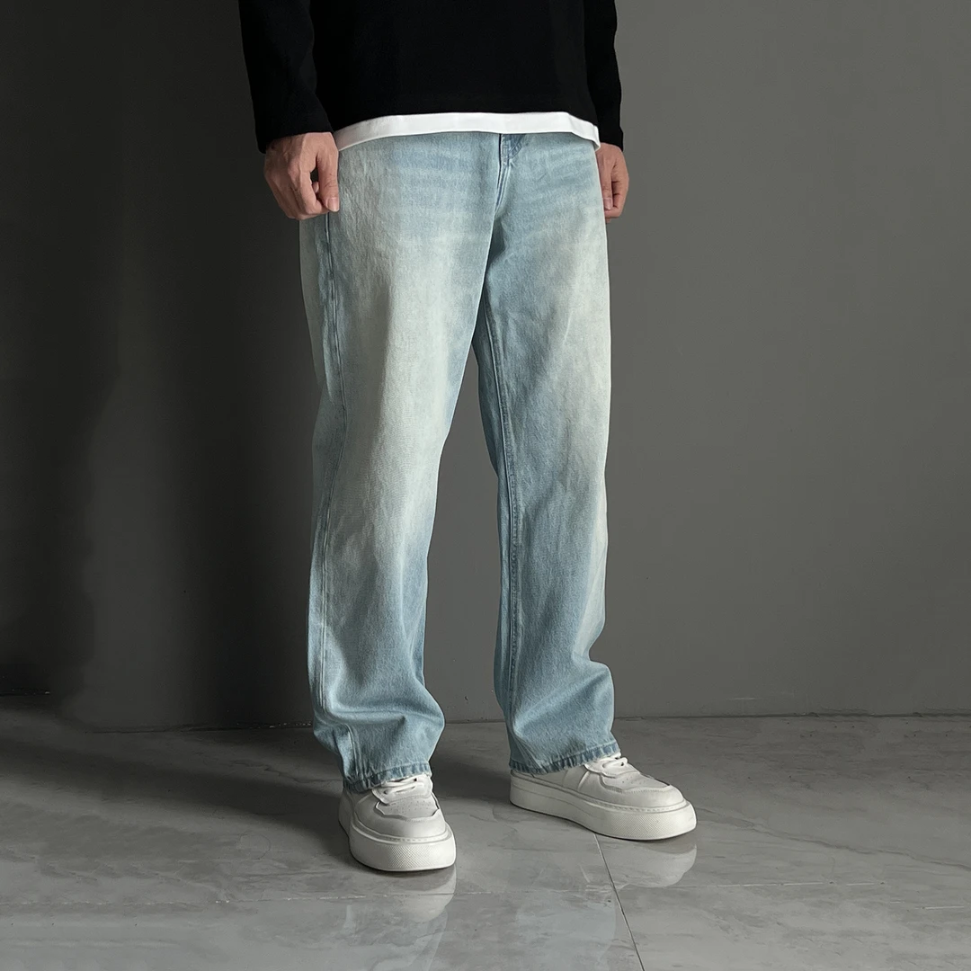 直筒水洗蓝色牛仔裤2025春季新款宽松阔腿潮流垂感浅色美式长裤子