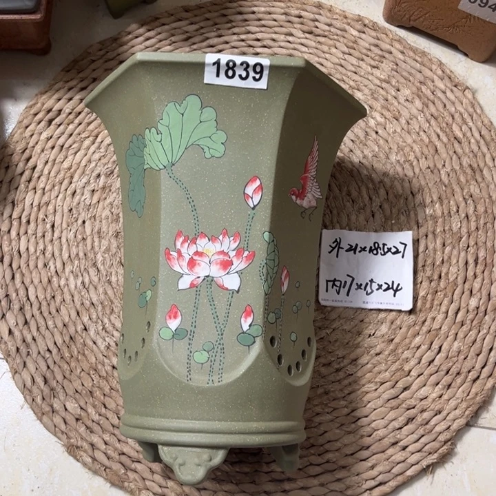 紫砂花盆 超精品果绿彩绘荷塘清趣六方1839