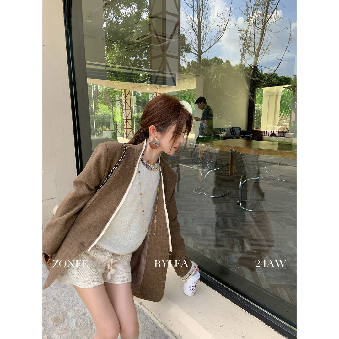 ZONEE 秋日读本 法式原创设计复古感时髦百搭秋季棕色西装外套
