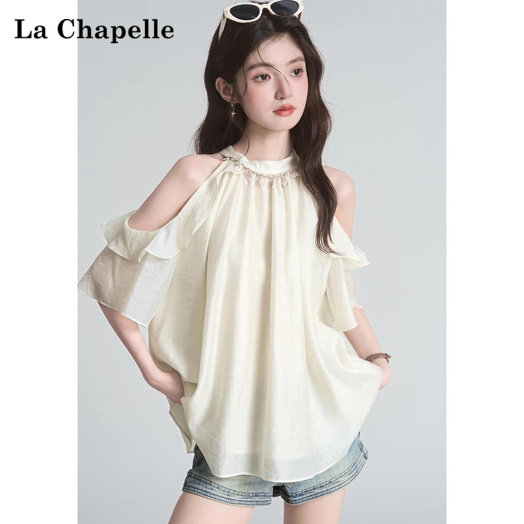 拉夏贝尔法式荷叶边露肩短袖T恤女夏季新款设计感小众别致上衣潮