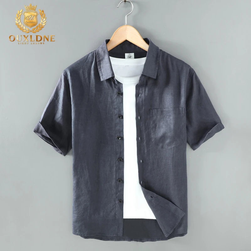 OUXLDNE 男士亚麻短袖衬衫夏季薄款透气上衣复古宽松休闲翻领衬衣