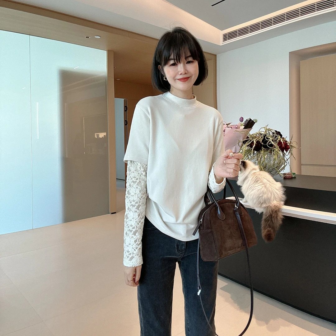 秋冬高级感蕾丝拼接百搭长袖小高领T恤打底衫