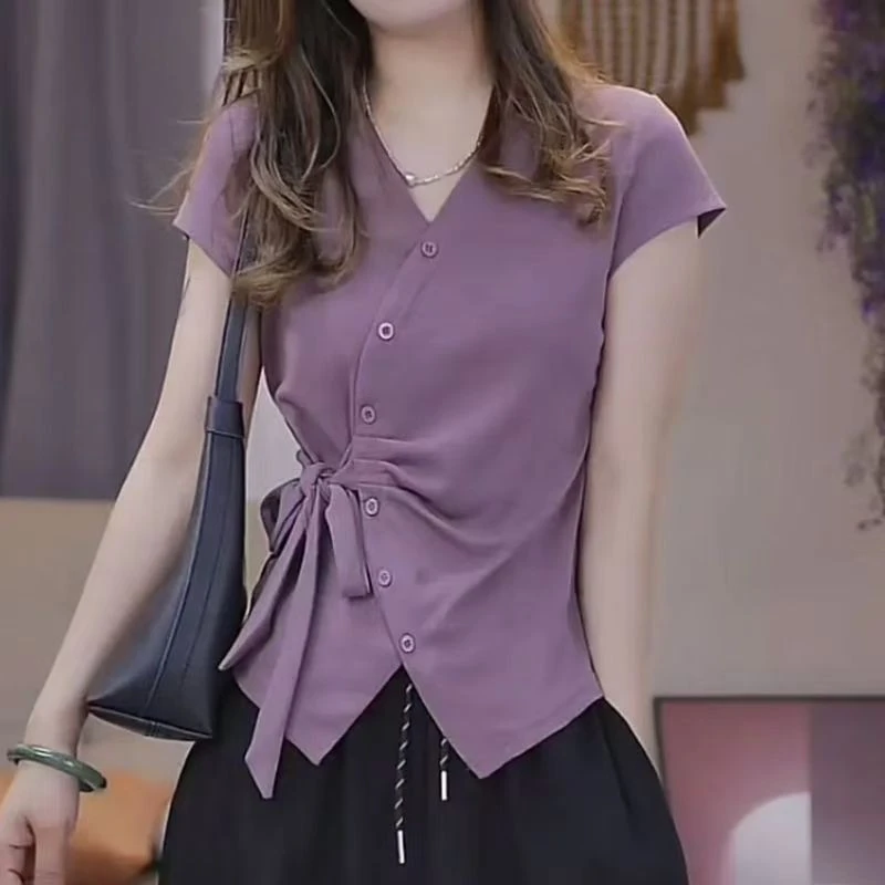 2025新款夏季气质显瘦系带收腰短袖衬衫纯色简约遮肉上衣#2676