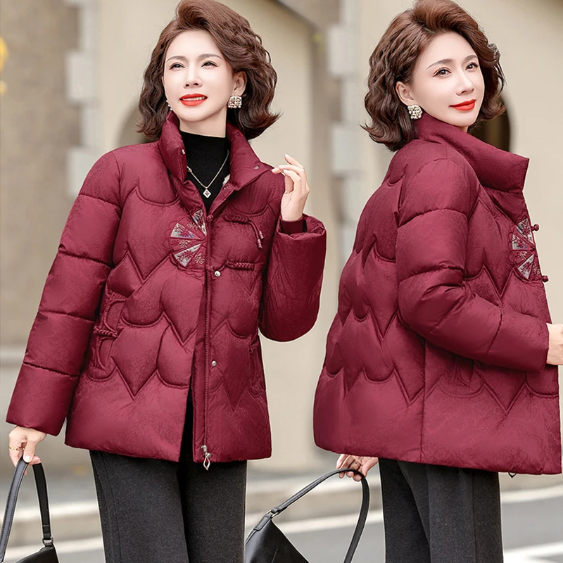 新中式妈妈冬装加绒加厚立领时尚棉服中老年女装洋气绣花保暖棉衣