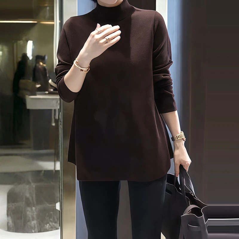 复古洋气时尚咖色圆领长袖针织衫2025秋季新款休闲百搭显瘦打底衫