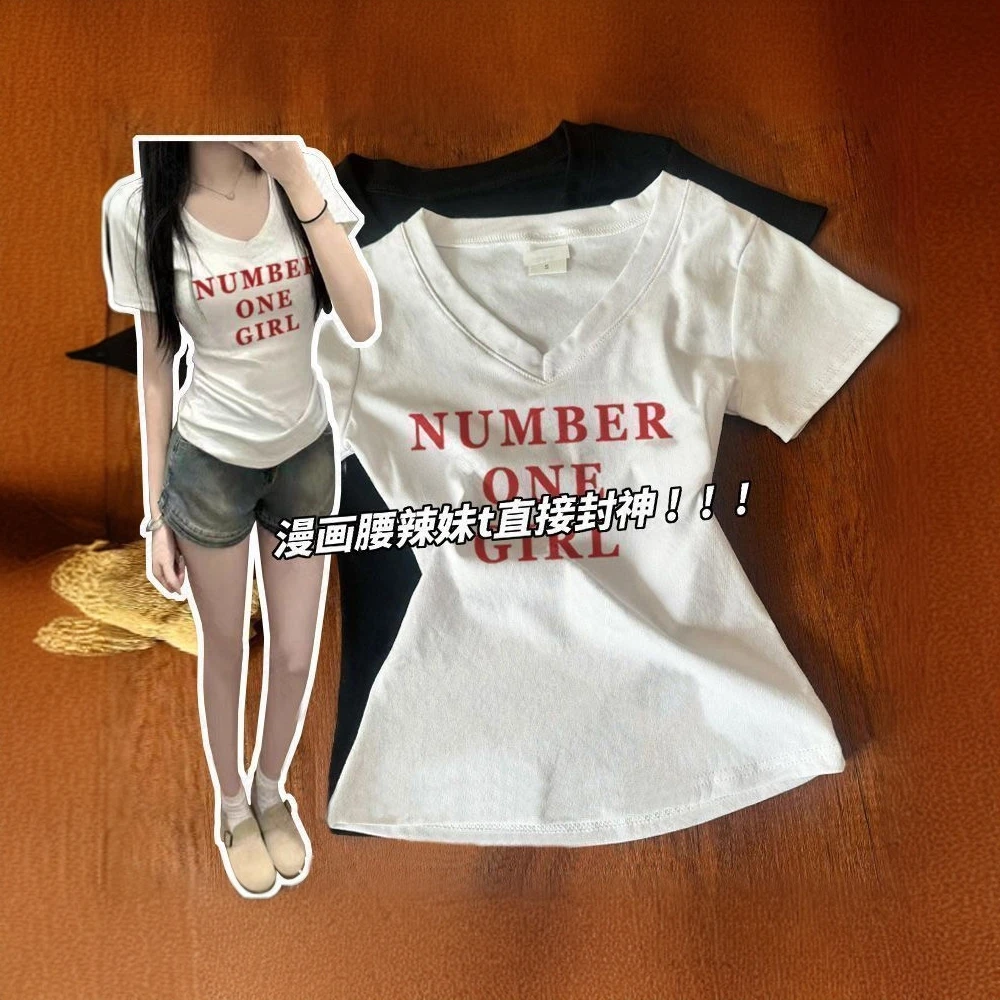 夏季显瘦字母韩版复古正肩V领短袖t恤女印花设计百搭辣妹休闲上衣