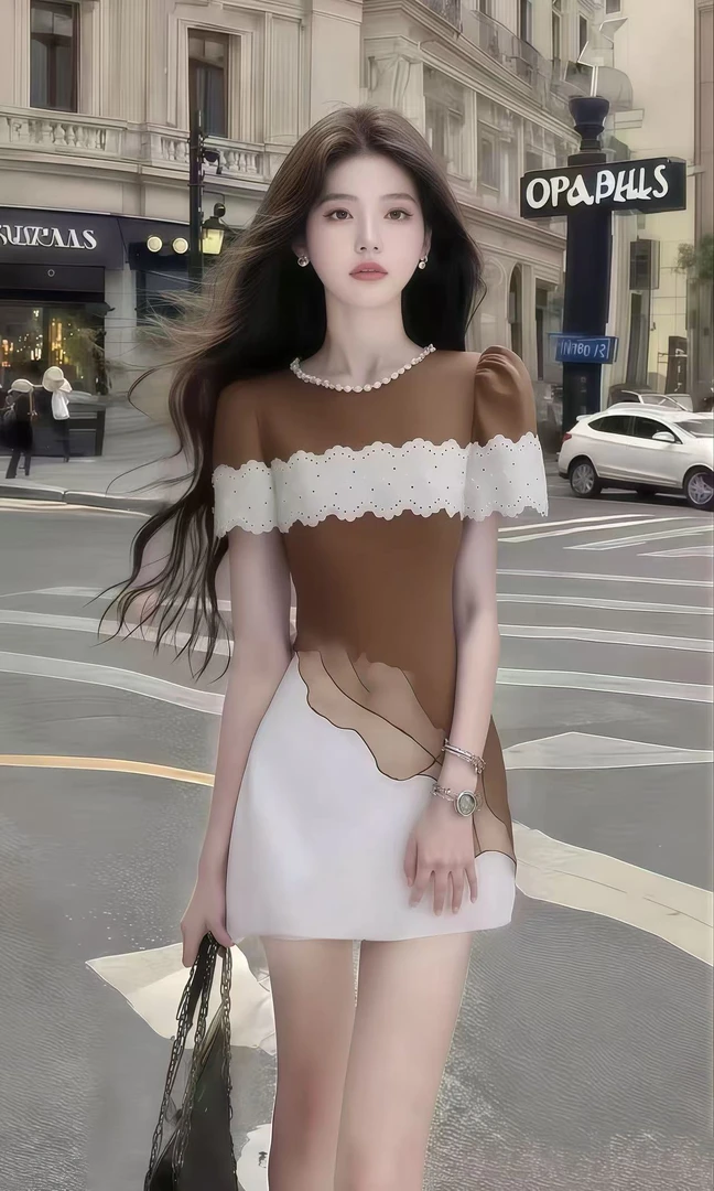 夏季新款时尚轻奢时尚棕色圆领设计感收腰短袖连衣裙女氛围感穿搭