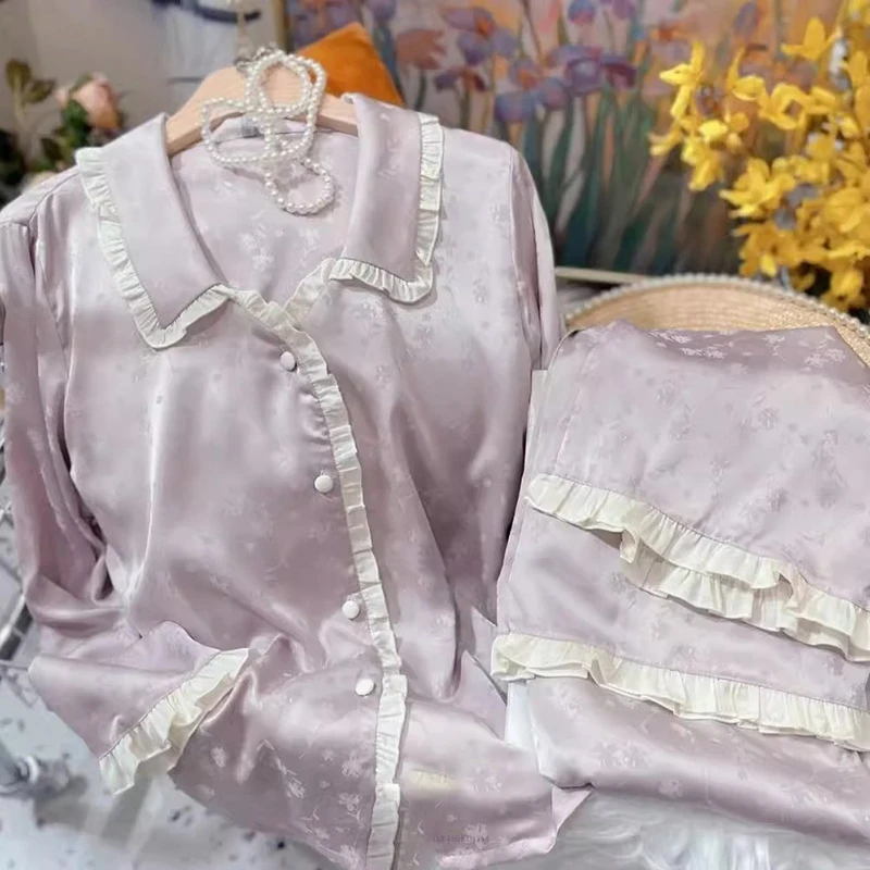 高级感休闲舒适简约睡衣女夏甜美花边新款长袖家居服两件2025新款