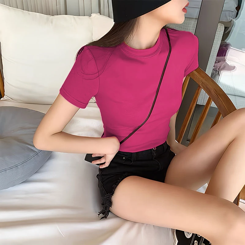 小众韩系ins风超火绝美短袖t恤女盐系百搭纯棉正肩纯色时尚上衣潮