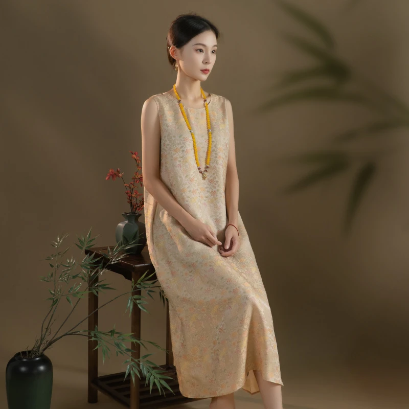 芬领-凤穿牡丹-夏季新品桑蚕丝薯莨对花彩印织金连衣裙LYQ01-