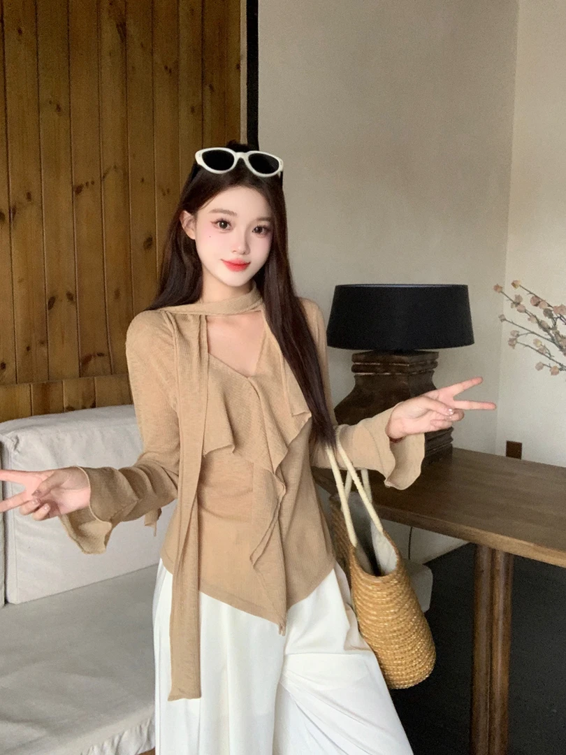 大码胖mm设计感荷叶边飘带长袖上衣女早秋季气质显瘦短款打底衫