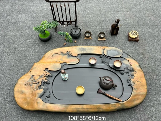 歙砚石茶盘天然原石手工雕刻排水茶海