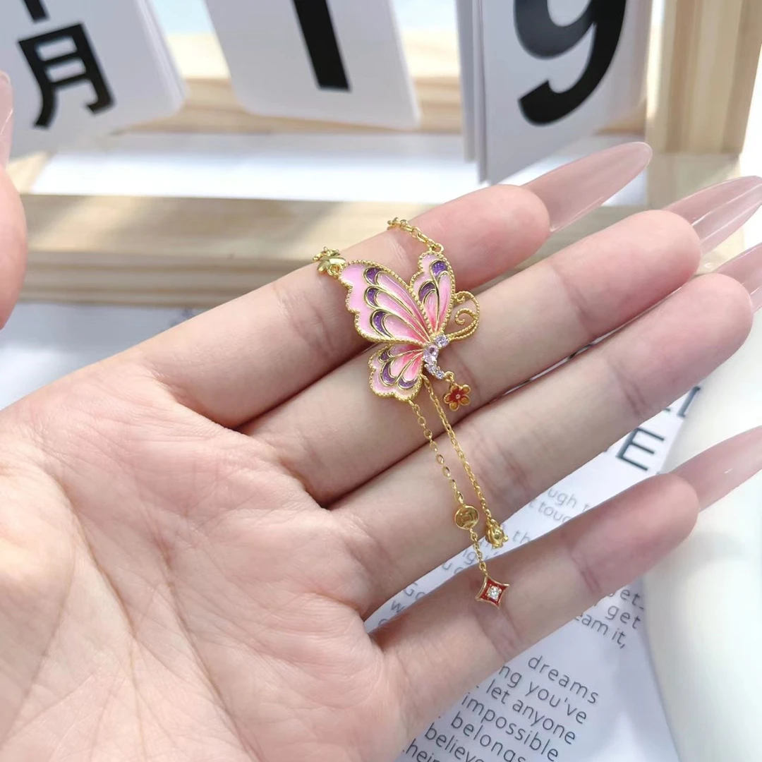 坠链均925银 粉蝶项链古风璎珞小众国风流速项链轻奢高级感