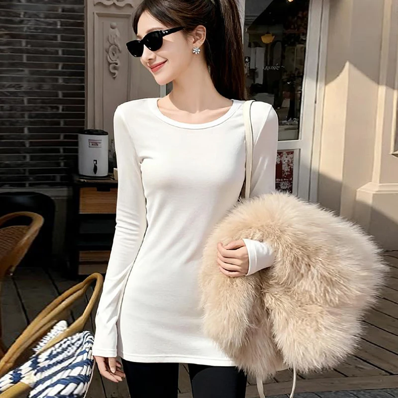 正肩磨毛德绒长袖打底T恤女秋冬圆领内搭修身保暖收腰中长款上衣