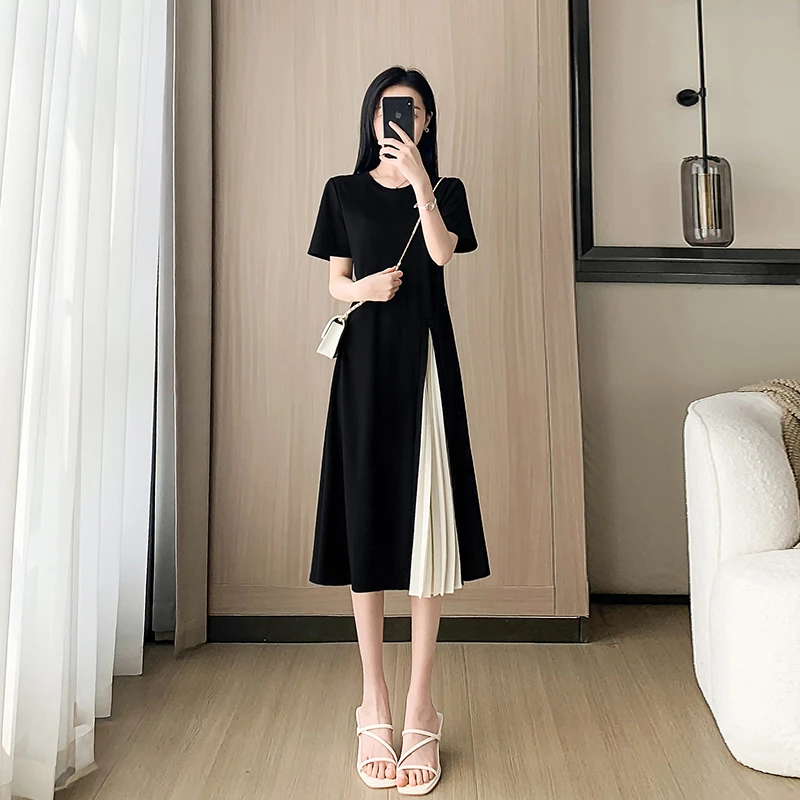 时尚拼接黑色连衣裙女夏季2025新款轻奢高级感气质中长款a字裙子